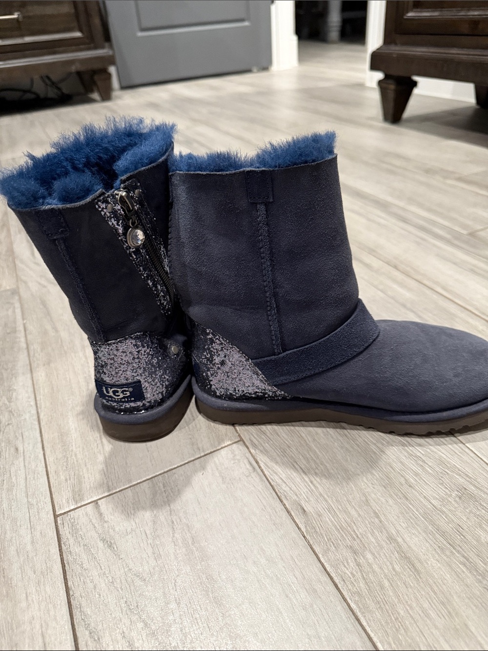 UGG Navy Sparkle Shearling Short Booties